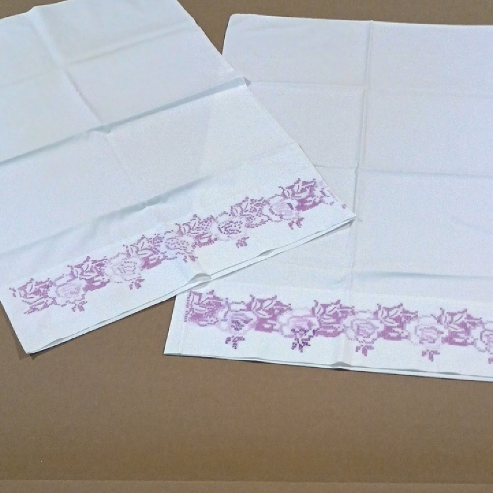 Vintage White and Purple Cross Stitch Pillowcases And Matching Top Sheet